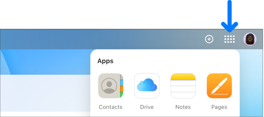  iCloud 홈페이지에서 앱 런처가 열리고 연락처, iCloud Drive, 메모, Pages 앱이 표시됩니다.