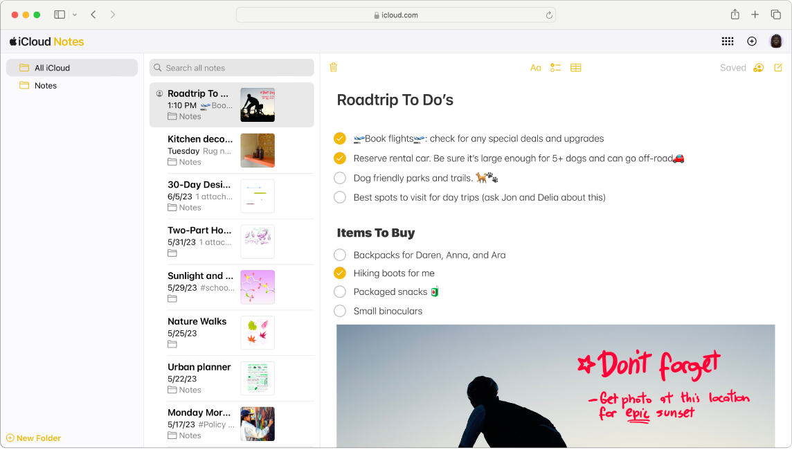 Een geopende notitie op iCloud.com, met meerdere notities weergegeven in een navigatiekolom.