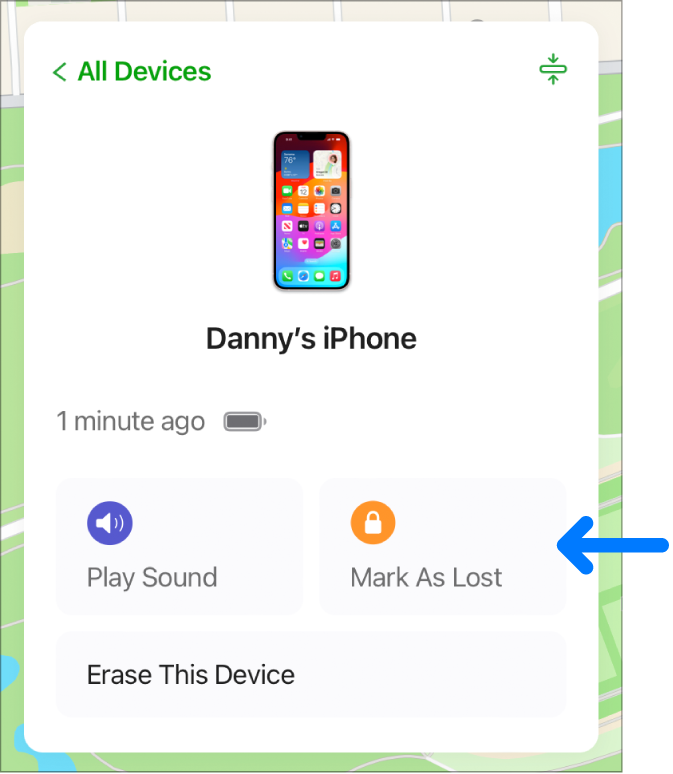 The Mark As Lost button in the device’s Info window.
