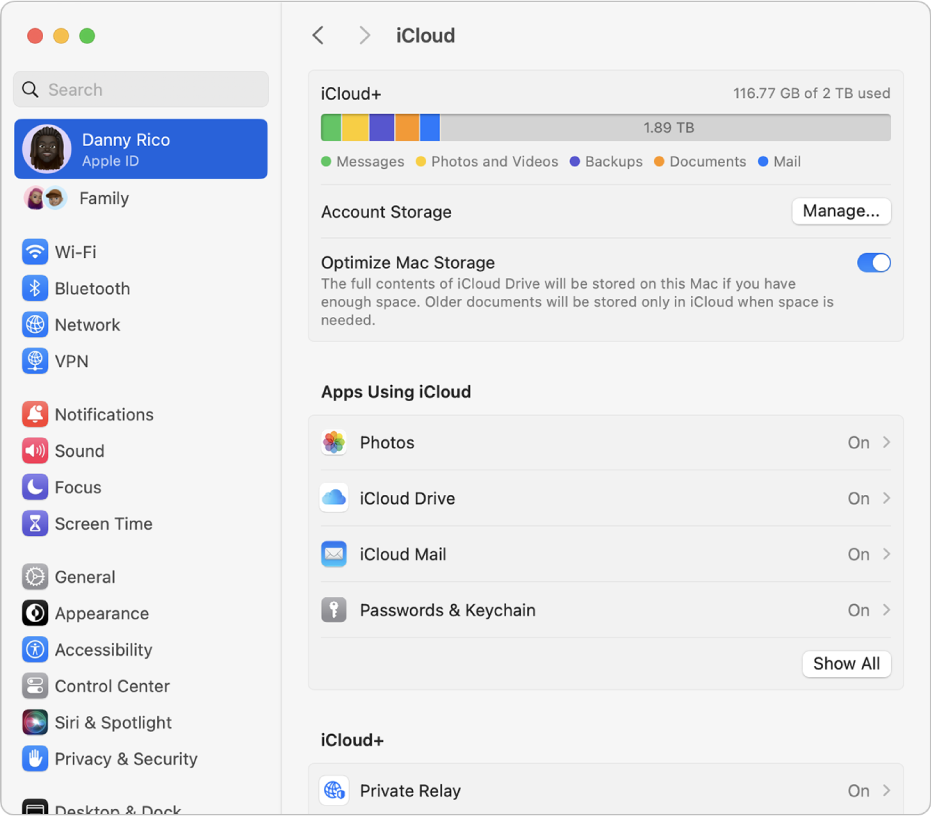 Kuvassa on Järjestelmäasetukset-ikkuna, jossa iCloud-ominaisuudet ovat valittuina.