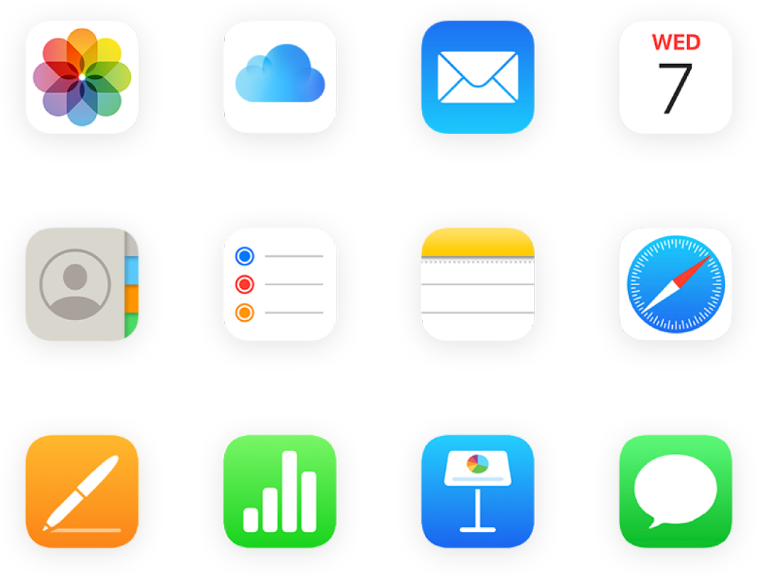 Uma grade de ícones de apps, incluindo Fotos, iCloud Drive, Mail e muito mais.