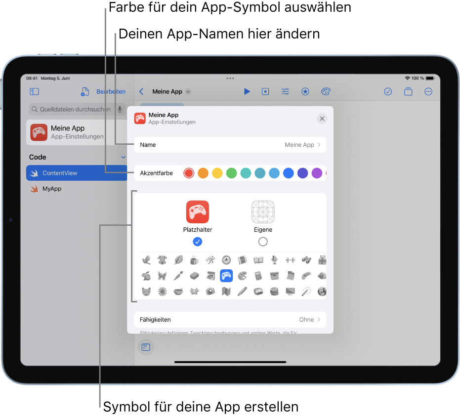 Die App-Einstellungen für eine App mit dem Namen der App, den Farben und Medien, mit denen das App-Symbol erstellt werden kann.