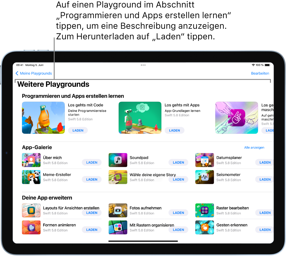 Der Bildschirm „Weitere Playgrounds“ zeigt die Tutorials oben im Abschnitt „Programmieren und Apps erstellen lernen“.
