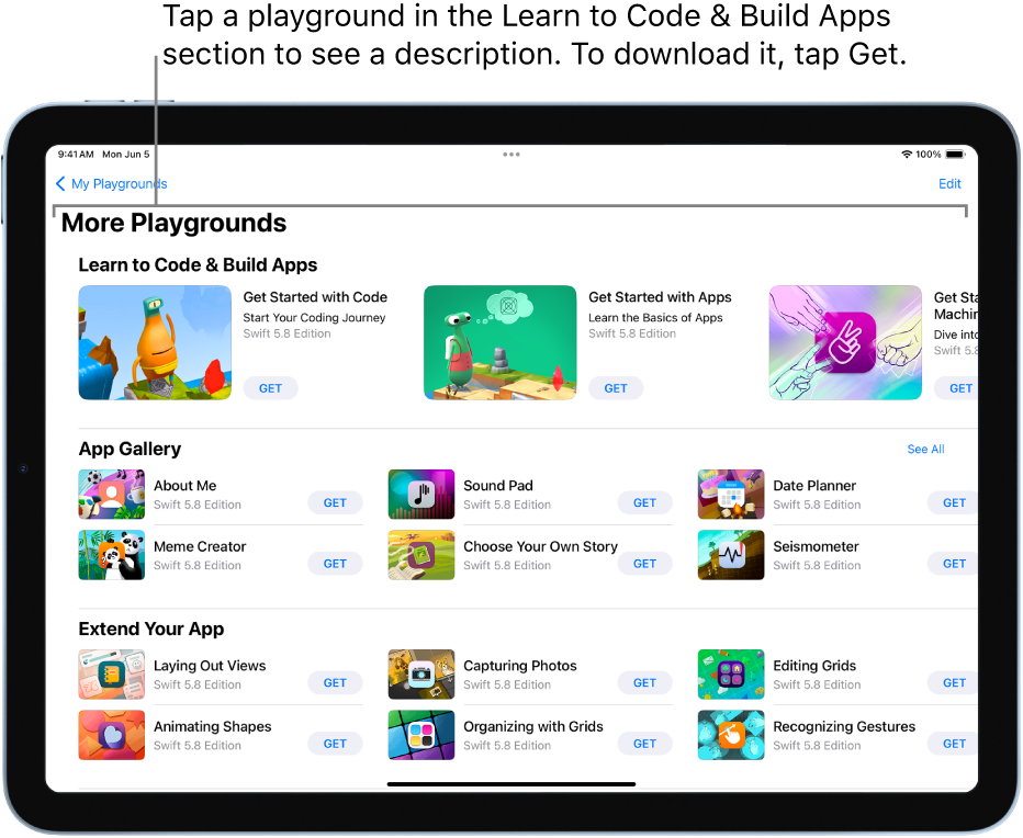 The More Playgrounds screen, showing the tutorials in the Learn to Code & Build Apps section at the top.