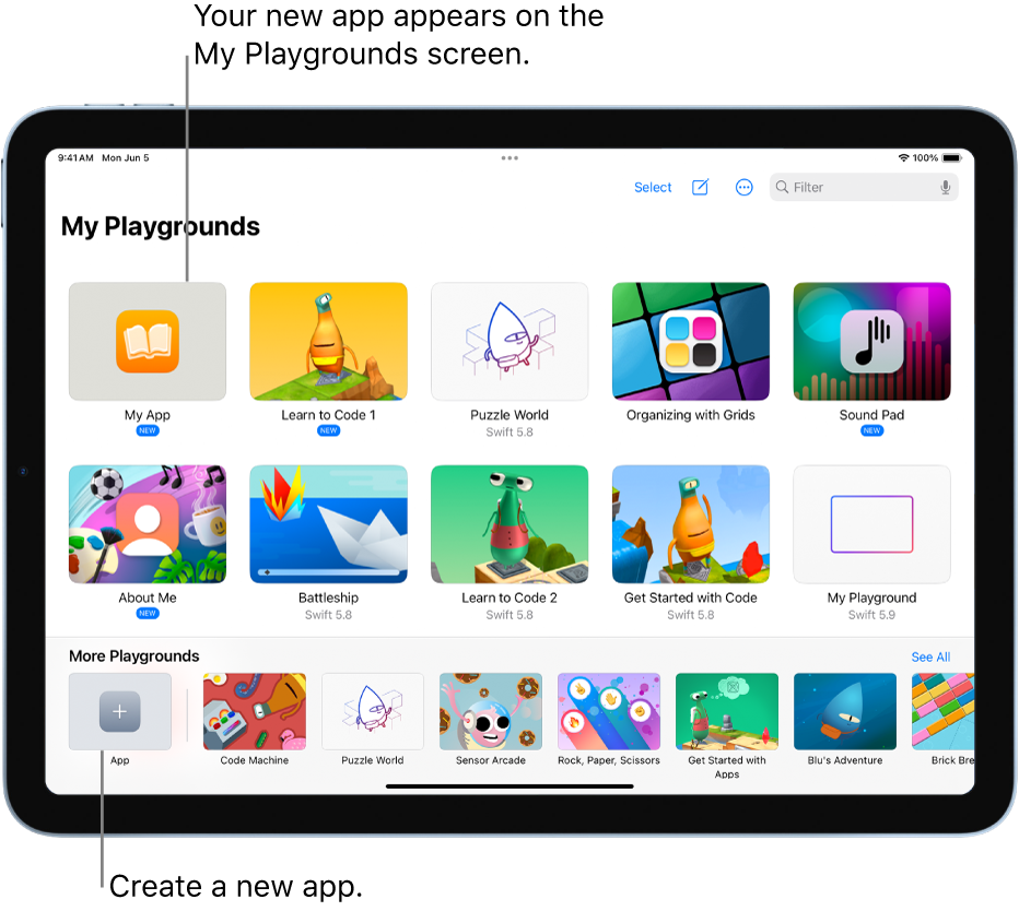 The My Playgrounds screen. At the bottom left is the App button for creating an app playground.