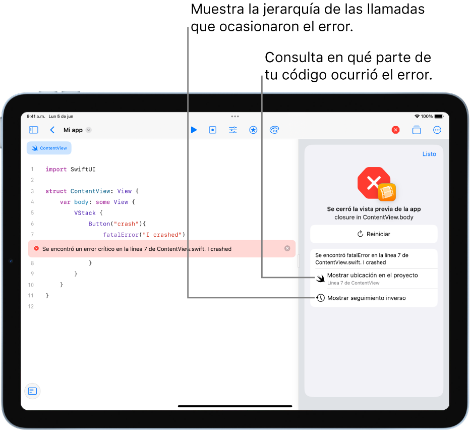 Una pantalla mostrando información sobre un fallo que ocurrió al ejecutar la app.