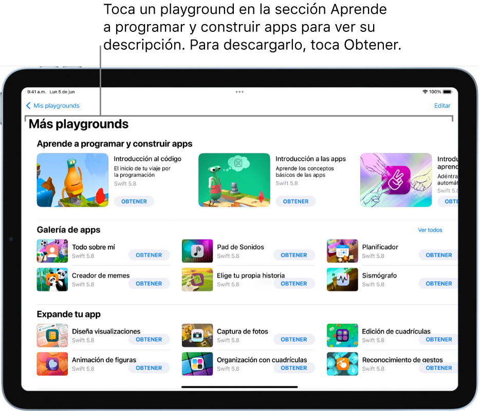 La pantalla Más playgrounds mostrando los tutoriales de la sección Aprende a programar y construir apps en la parte superior.
