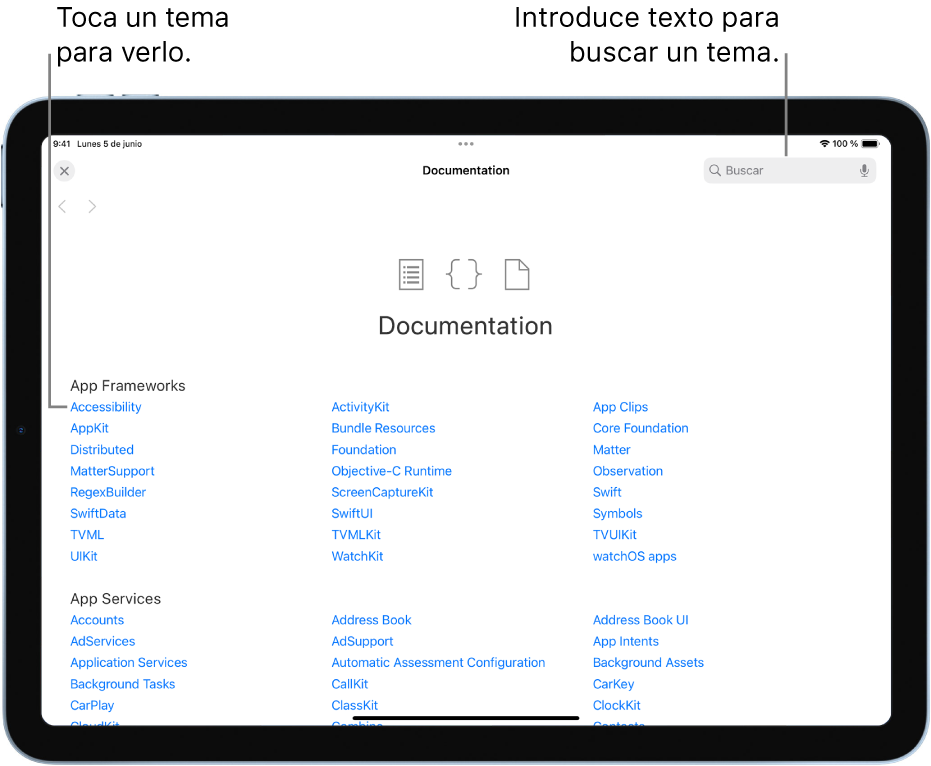 Página de índice de la documentación para desarrolladores de Swift, donde se ve el botón de búsqueda en la parte superior derecha y temas que se pueden tocar para poder leerlos.