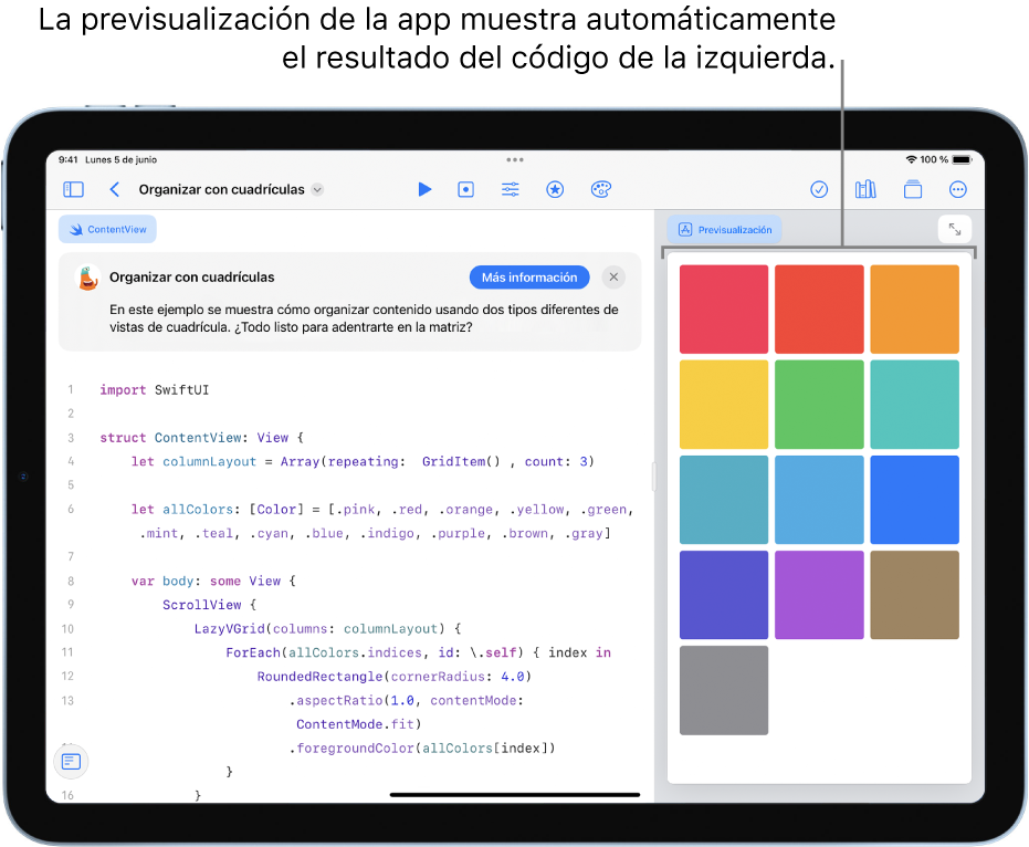 Una app que muestra cómo organizar el contenido en dos vistas de cuadrícula diferentes. La previsualización de la app en la barra lateral derecha muestra el resultado del código en el área de código a la izquierda. Encima del área de código hay una breve descripción de la app.