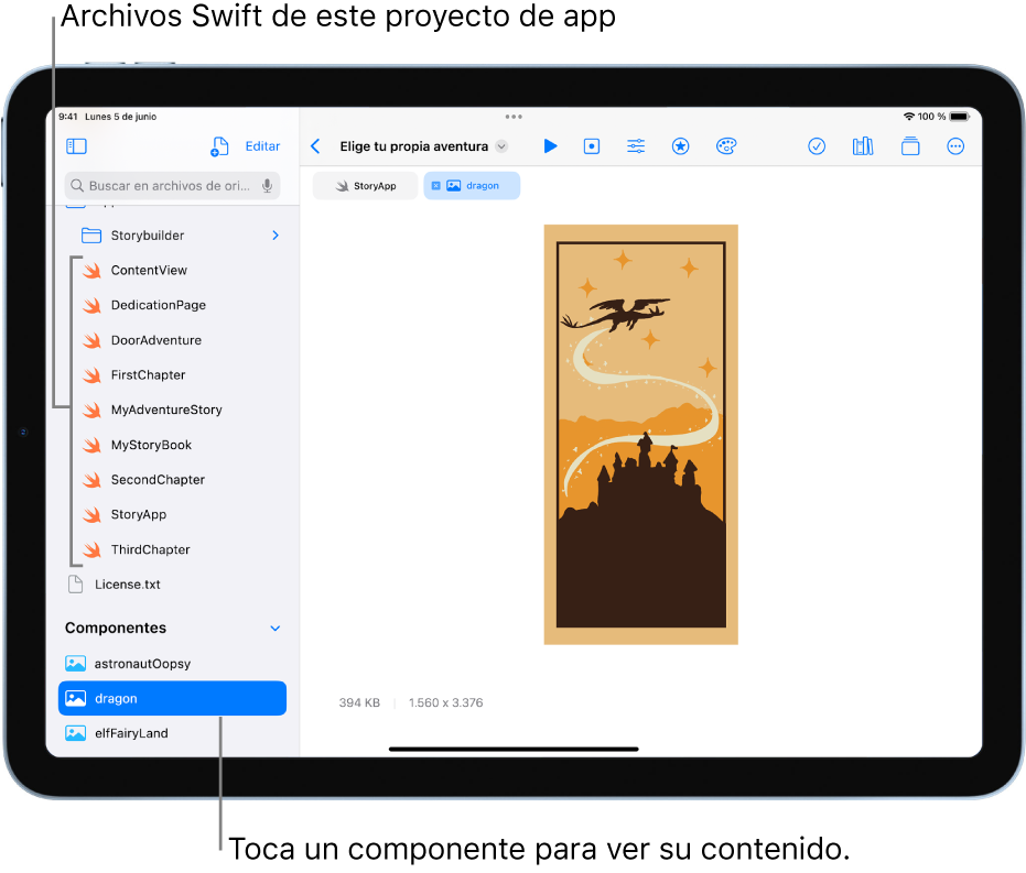 Un área de juegos de app abierta llamada “Elige tu propia historia”. El área de código está visible y la barra lateral izquierda abierta está abierta, mostrando los archivos Swift y otros componentes en el área de juegos de app. El componente “dragón” está seleccionado en la barra lateral izquierda y su contenido se muestra en el área de código.