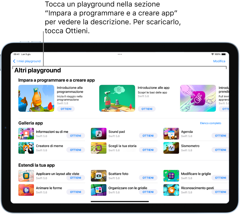 La schermata “Altri playground”, che mostra i tutorial nella sezione “Impara a programmare e a creare app” in alto.