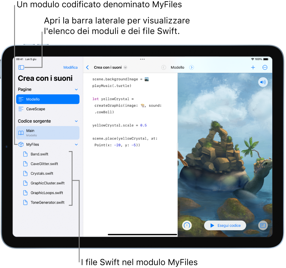 La pagina di un playground con la barra laterale aperta e la pagina Modello selezionata nella sezione delle pagine. Il modulo di codice MyFiles è aperto e mostra l'elenco dei file Swift contenuti.