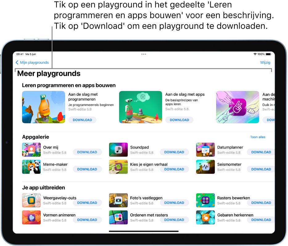 Het scherm 'Meer playgrounds' met bovenaan de oefeningen in het gedeelte 'Leren programmeren en apps bouwen'.