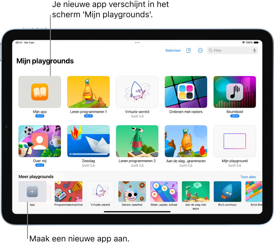 Het scherm 'Mijn playgrounds'. Linksonder staat de knop 'App' voor het aanmaken van een app-playground.
