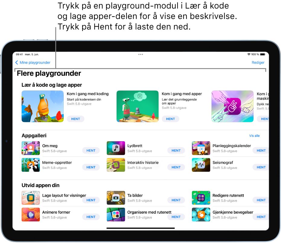 Flere playgrounder-skjermen, som viser eksemplene i Lær å kode og lage apper-delen øverst.