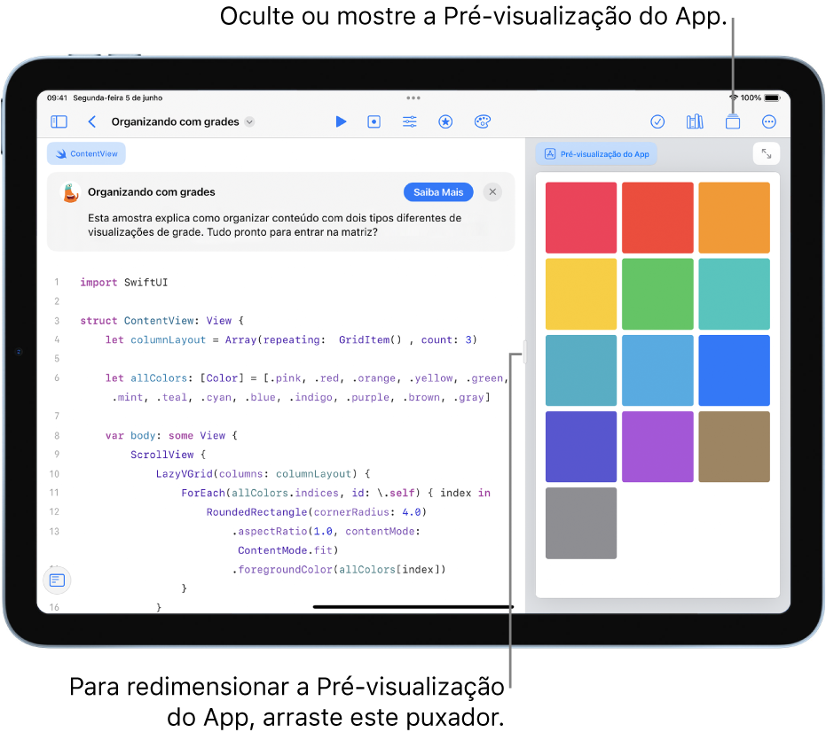 Um app que mostra como organizar conteúdo em duas visualizações de grade diferentes. A Pré‑visualização do App na barra lateral direita mostra o resultado do código na área de código à esquerda.