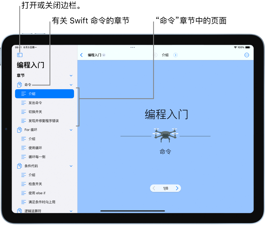 “编程入门” Playground 图书中“介绍命令”章节的第一张幻灯片。边栏打开，显示 Playground 中的章节和页面。