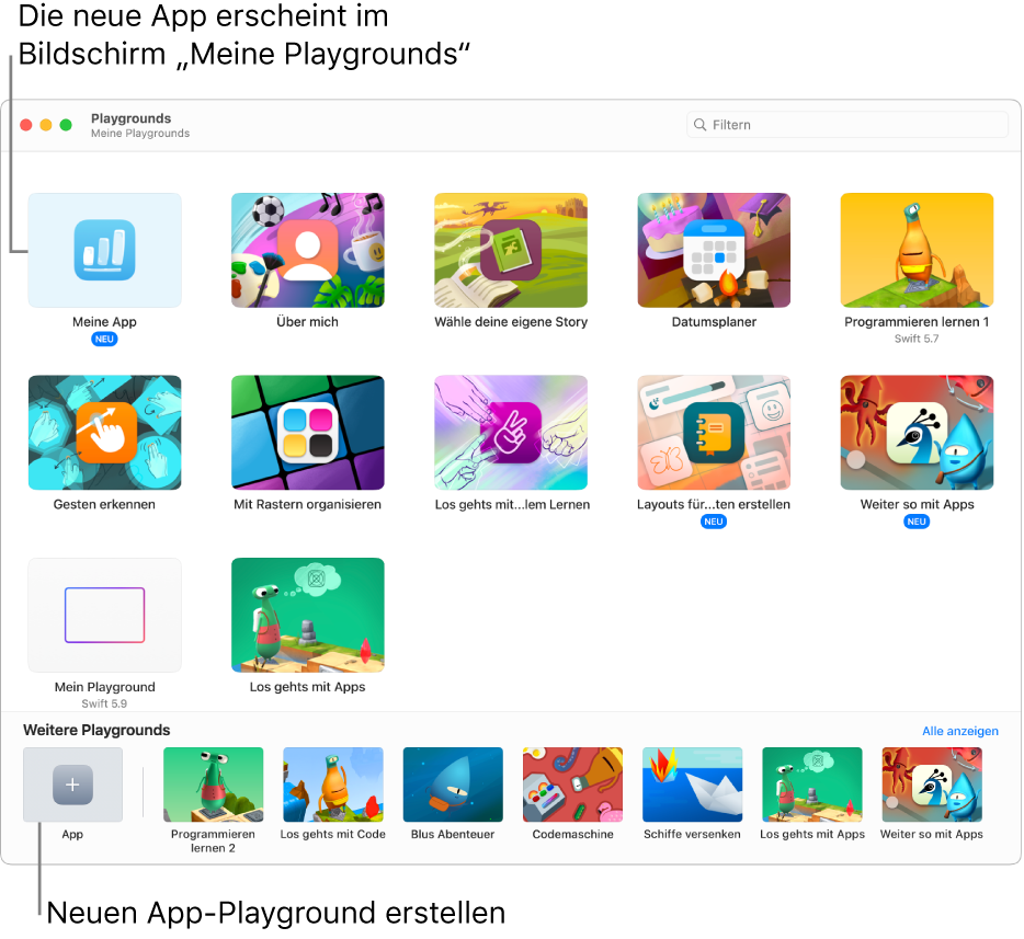 Das Fenster „Meine Playgrounds“. Links unten befindet sich die Taste „App“, mit der ein neuer App-Playground erstellt werden kann.