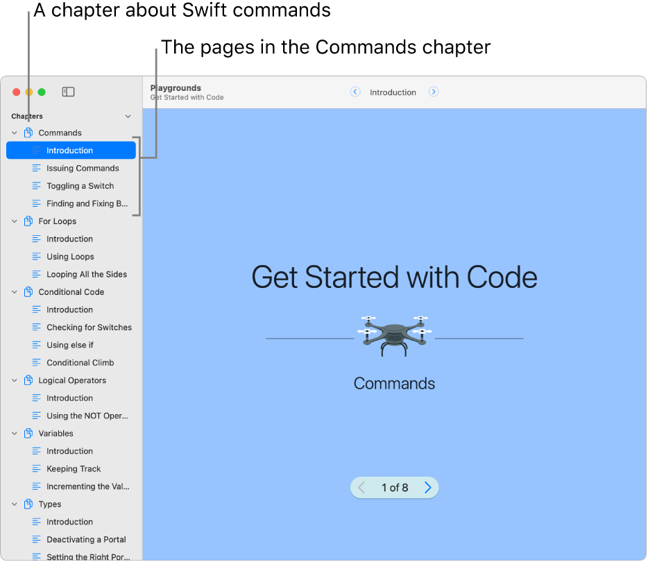 The first slide of the Introduction to the Commands chapter in the Get Started with Code playground book. The sidebar is open, showing all the chapters and pages in the playground.
