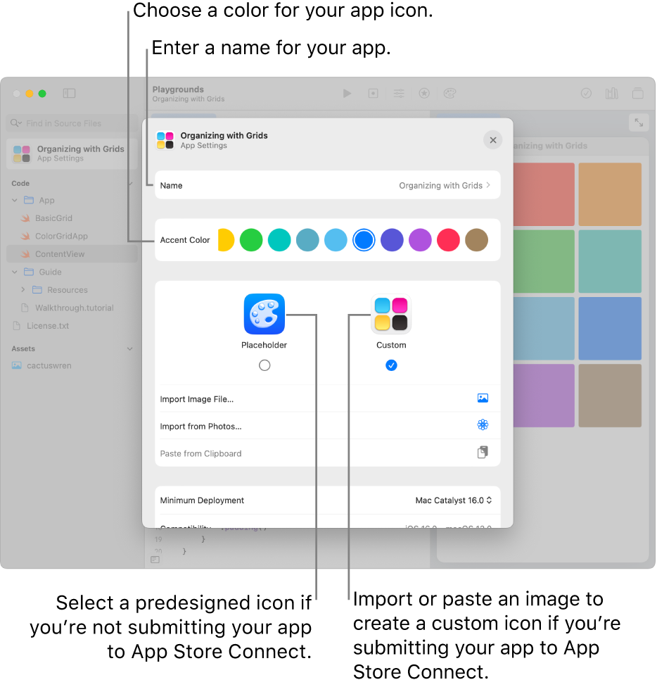 The App Settings for an app, showing the name of the app and the colors and art that can be used to create an icon for the app.