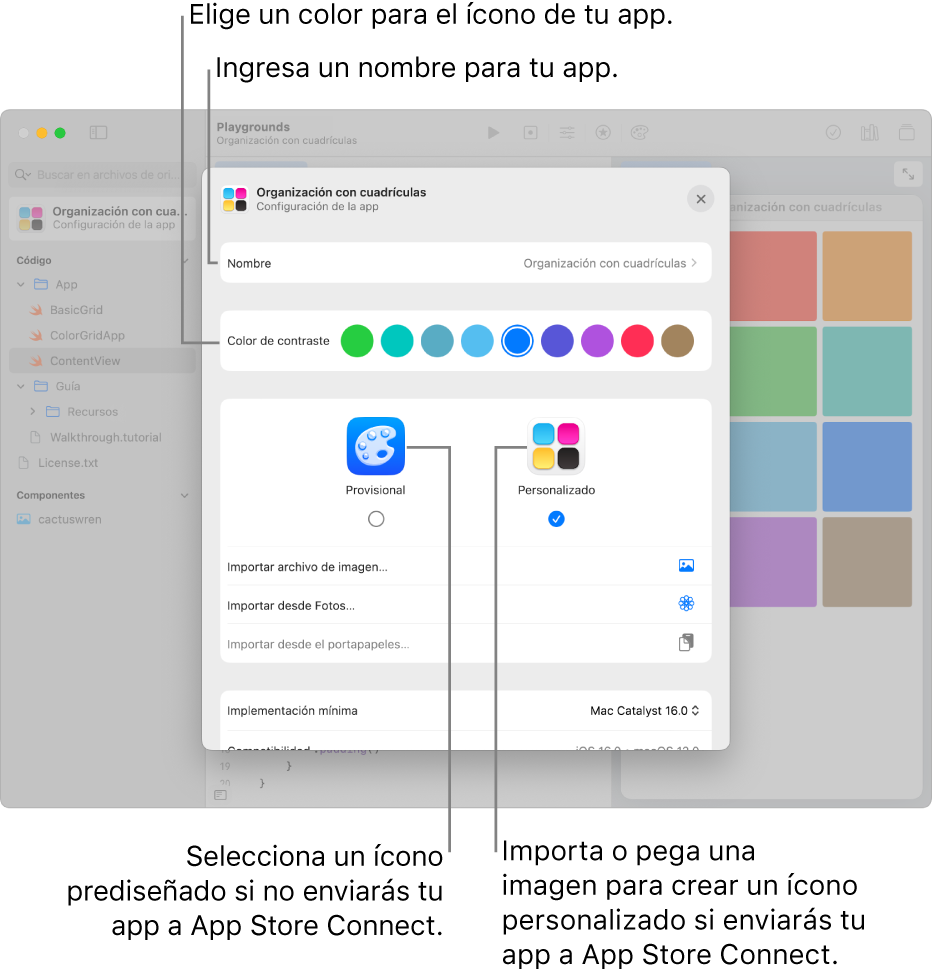 La vista previa de una app, mostrando el nombre de la app y los colores e ilustraciones que pueden usarse para crear un ícono para la app.