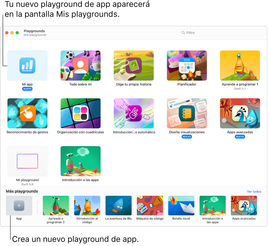 La ventana Mis playgrounds. En la parte inferior izquierda está el botón App para crear un nuevo playground de app.