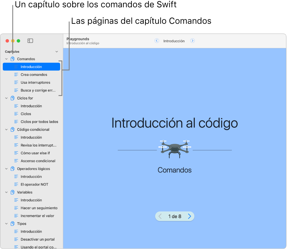 La primera diapositiva del capítulo Introducción a los comandos en el libro de playground Introducción al código. La barra lateral está abierta y muestra todos los capítulos y páginas del playground.