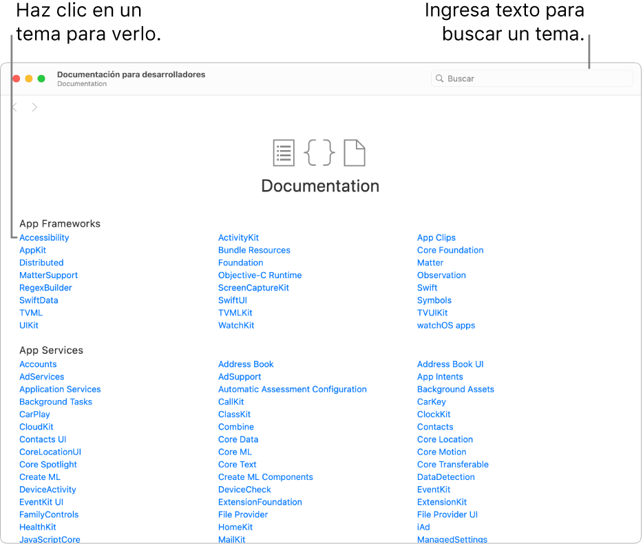 La documentación de desarrollo de Swift, mostrando la tabla de contenido, el ícono de búsqueda en la parte superior derecha y los temas en los que puedes hacer clic para leerlos.