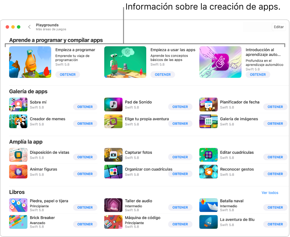 La ventana “Más áreas de juegos” con los tutoriales de la sección “Aprende a programar y compilar apps” en la parte superior.