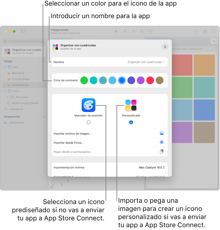 Los ajustes de una app, que muestra el nombre de la app y los colores y las ilustraciones que se pueden usar para crear un icono para la app.