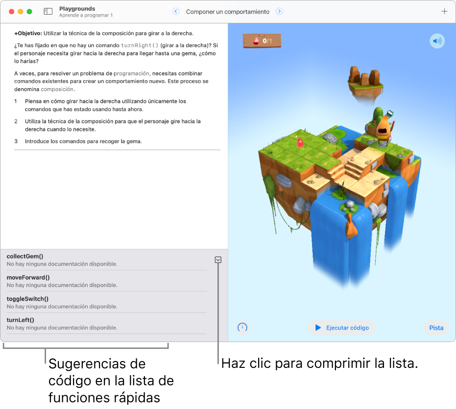 La lista de funciones rápidas de debajo del área de código que presenta una lista de sugerencias de código y el botón “Mostrar introducciones de código compacto”, que compacta la lista de funciones rápidas en una barra.