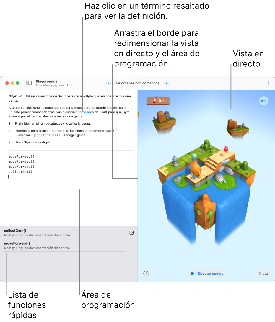 Un área de juegos con la zona para escribir código a la izquierda y la vista en tiempo real del resultado del código a la derecha. El área de código tiene texto resaltado en el que puedes hacer clic para ver una definición, y también puedes hacer clic en el método y los nombres de las propiedades para abrir la ayuda rápida. Hay sugerencias de código de la lista de funciones rápidas (situada debajo del área de código) en las que puedes hacer clic para introducirlas en tu código.