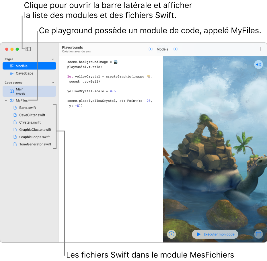 Une page de playground avec la barre latérale et la liste de modules ouvertes, montrant que le playground possède un module de code nommé MesFichiers, avec six fichiers Swift dans celui-ci.