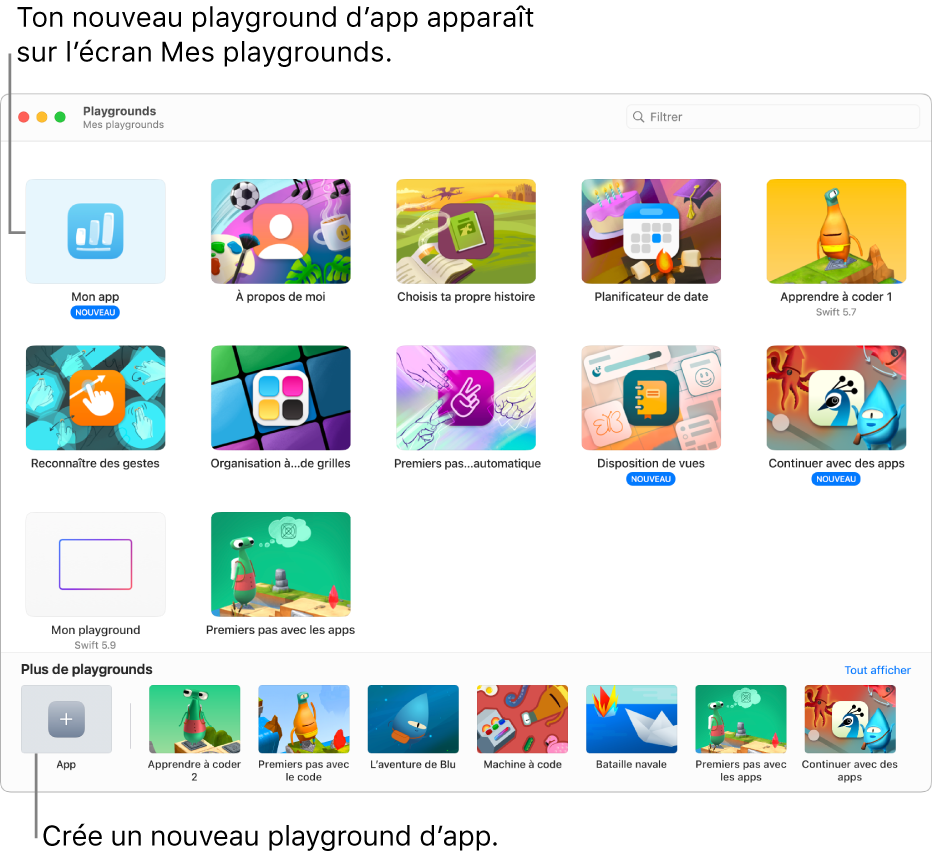 La fenêtre « Mes playgrounds ». En bas à gauche se trouve le bouton App, permettant de créer un playground dʼapp.