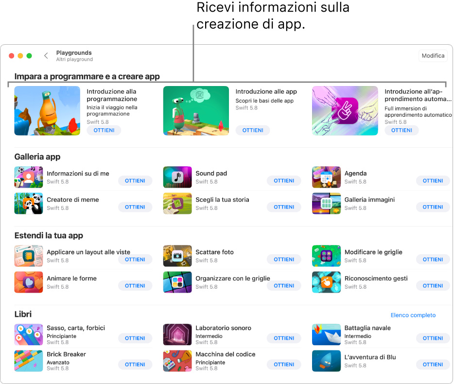 La finestra “Altri playground”, che mostra i tutorial nella sezione “Impara a programmare e a creare app” in alto.