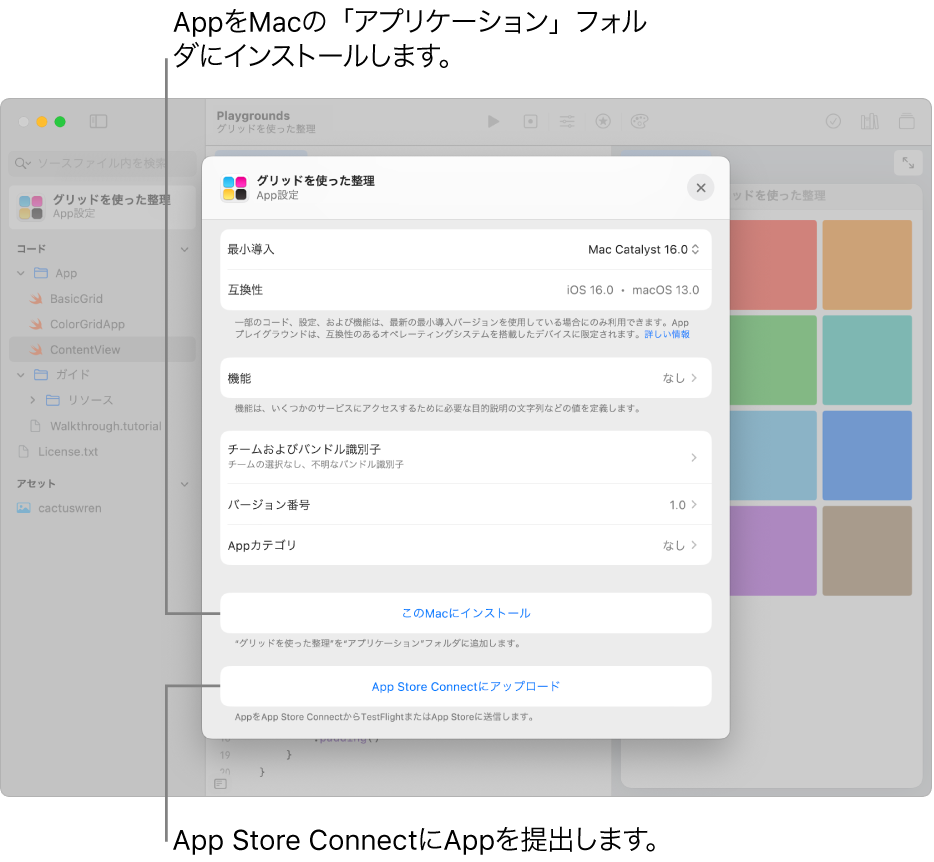 Appの「App設定」ウインドウ。グリッド表示でコンテンツが整理されています。このウインドウにあるコントロールを使って、AppをMacの「アプリケーション」フォルダにインストールしたり、App Store Connectにアップロードしたりできます。