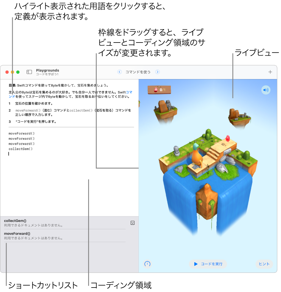 プレイグラウンド。左側の領域でコードを入力して、右側のライブビューでそのコードの結果を確かめます。コーディング領域では、強調表示されているテキストをクリックして定義を確認したり、メソッドやプロパティの名前をクリックしてそれらに関するヘルプを表示したりできます。（コーディング領域の下にある）ショートカットリストには、クリックしてコードに入力できるコードの候補があります。