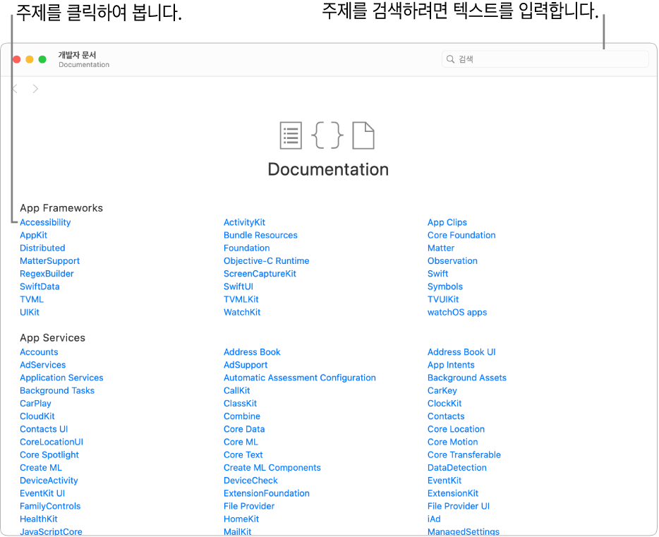 목차, 상단 오른쪽의 검색 아이콘 및 클릭하여 읽을 수 있는 주제를 표시하는 Swift 개발자 문서.