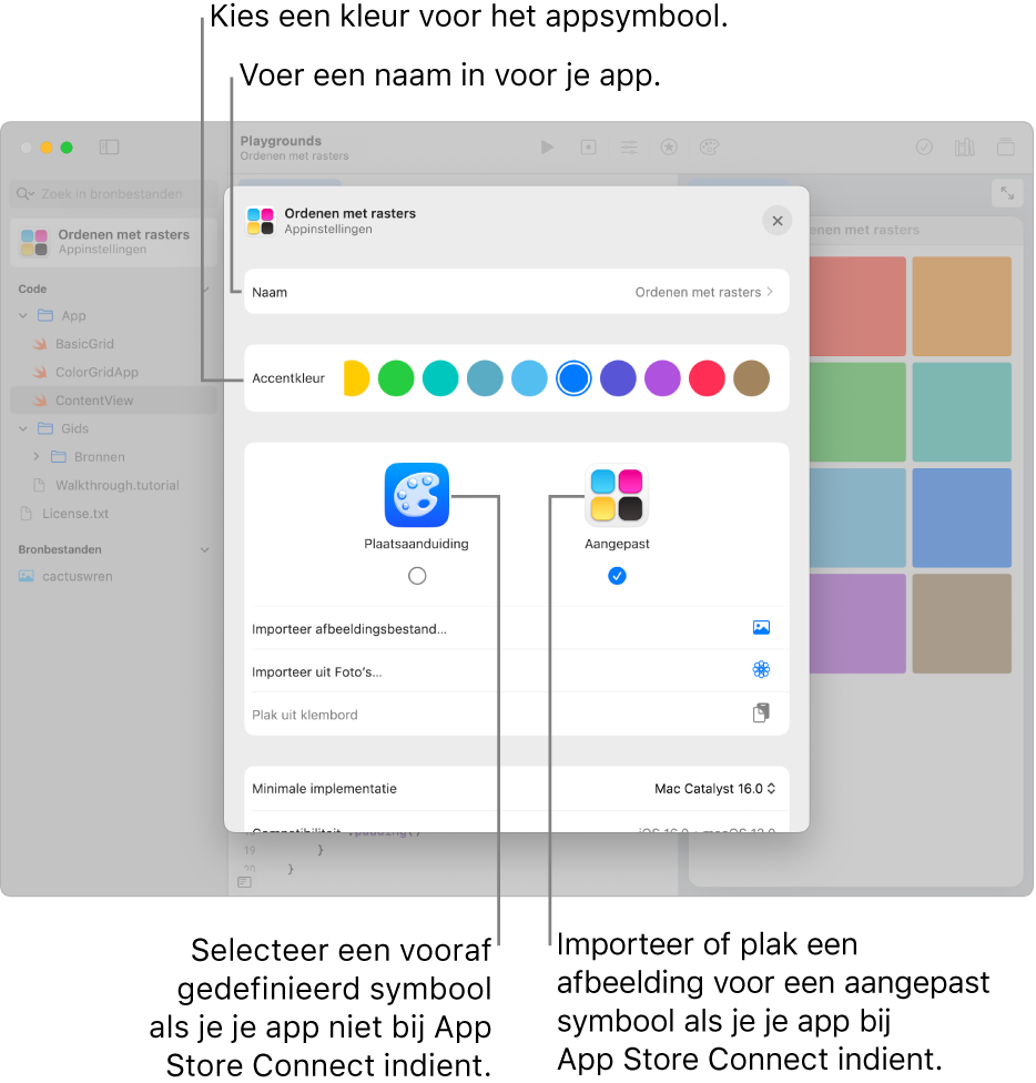 De appinstellingen voor een app, met de naam van de app en de kleuren en illustraties die kunnen worden gebruikt om een symbool voor de app aan te maken.