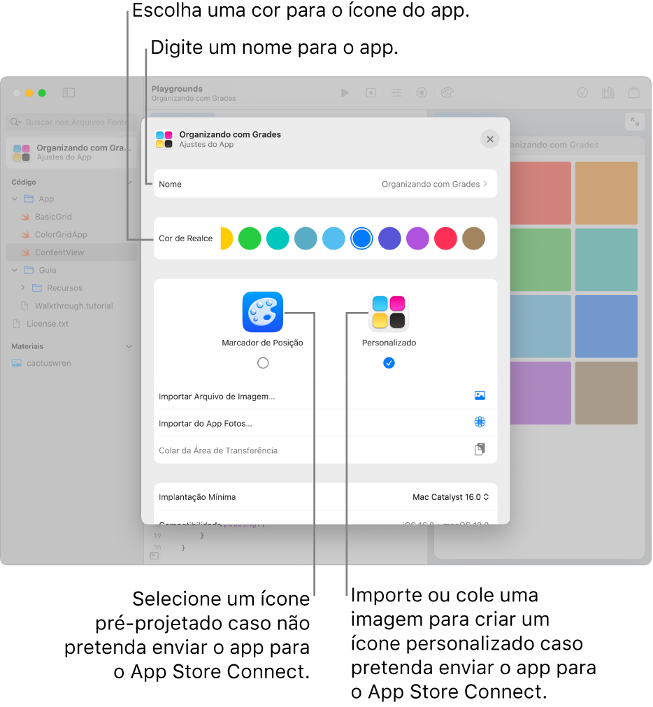 Janela Ajustes do App de um app, mostrando o nome do app, e as cores e a arte que podem ser usadas para criar um ícone para o app.