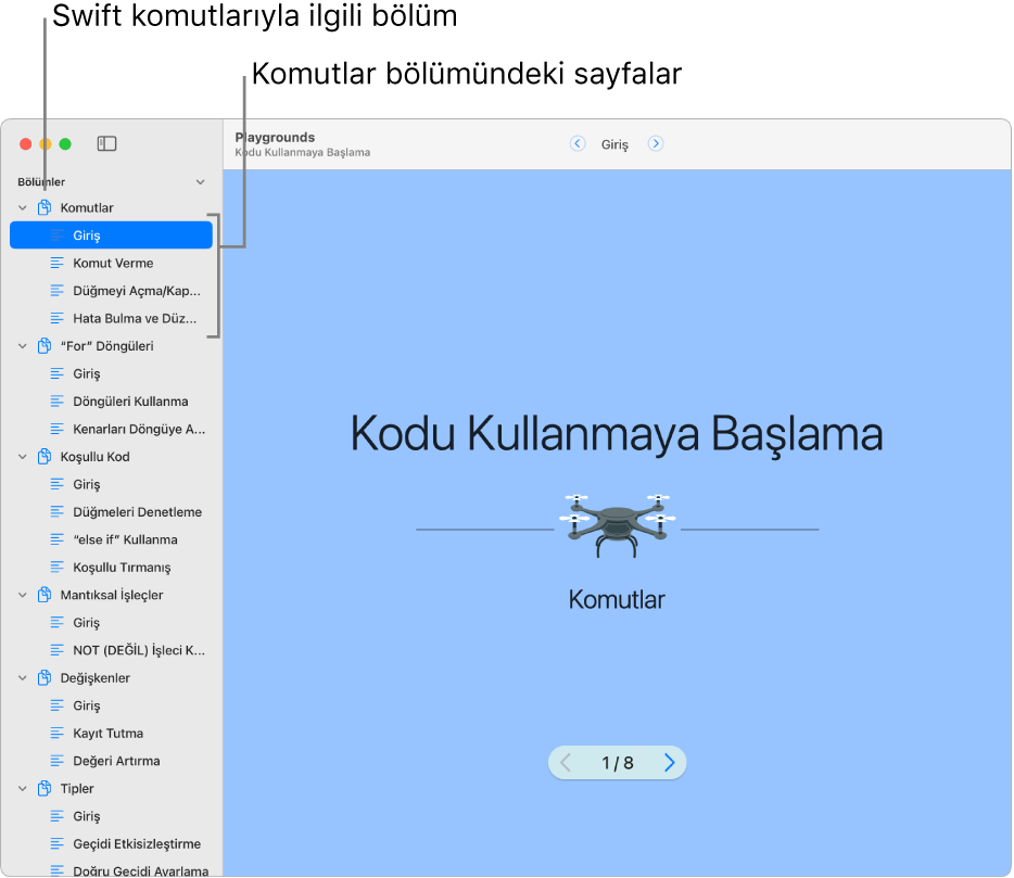 Kodu Kullanmaya Başlama oyun alanı kitabında Komutlara Giriş bölümünün ilk slaytı. Kenar çubuğu açık, oyun alanındaki tüm bölümleri ve sayfaları gösteriyor.