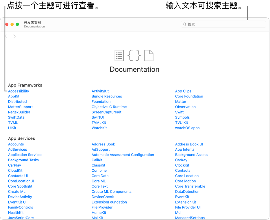 Swift 开发者文档，显示了目录和右上方的搜索图标，还包含点按可阅读的主题。