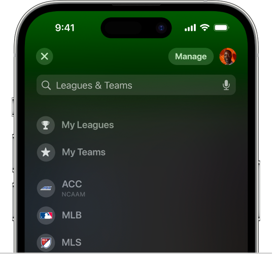 Apple Sports app teams and leagues screen