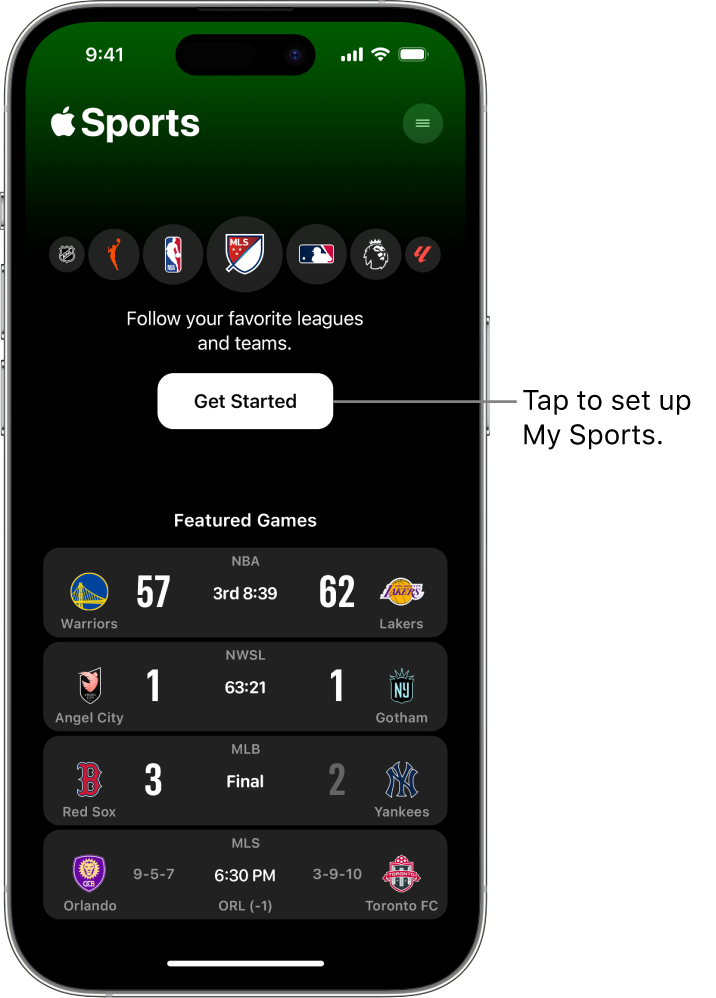 Get started screen in the Apple Sports app