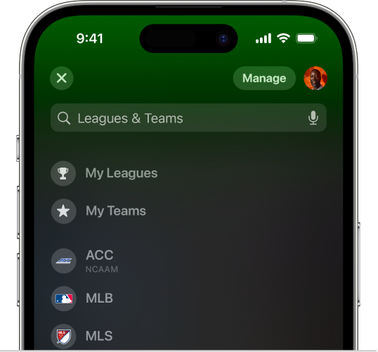 Pantalla de equipos y ligas en la app Apple Sports