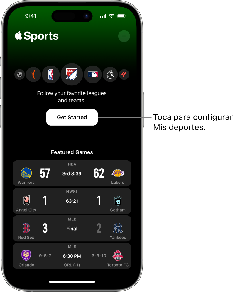 Pantalla Empezar de la app Apple Sports