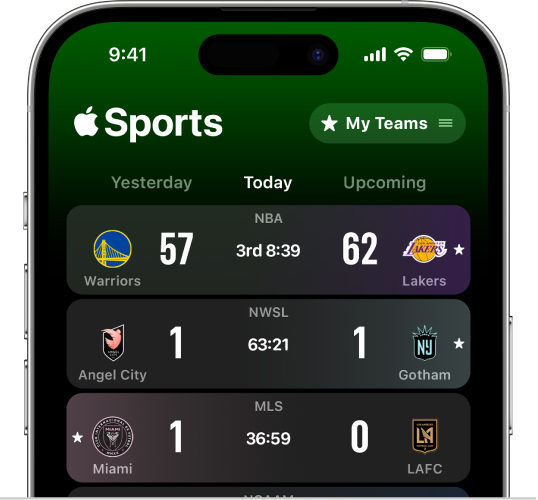Pantalla de puntuación de la app Apple Sports