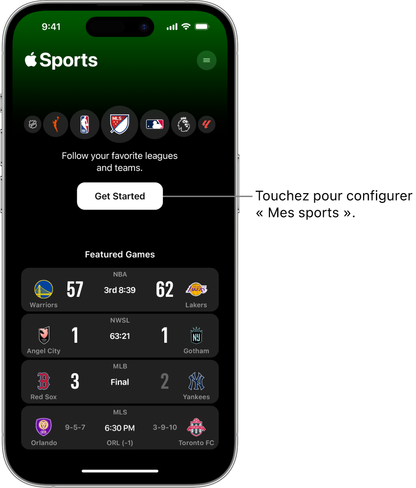 Écran Commencer de l’app Apple Sports
