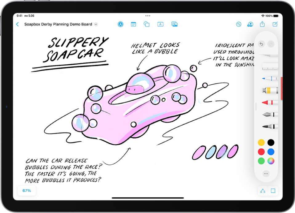 iPad с приложението Freeform и отворено меню с инструменти за рисуване. Таблото включва ръкопис и рисунки.