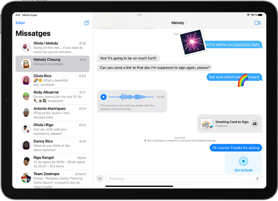 Una conversa de l’app Missatges amb un missatge d’àudio i la seva transcripció.